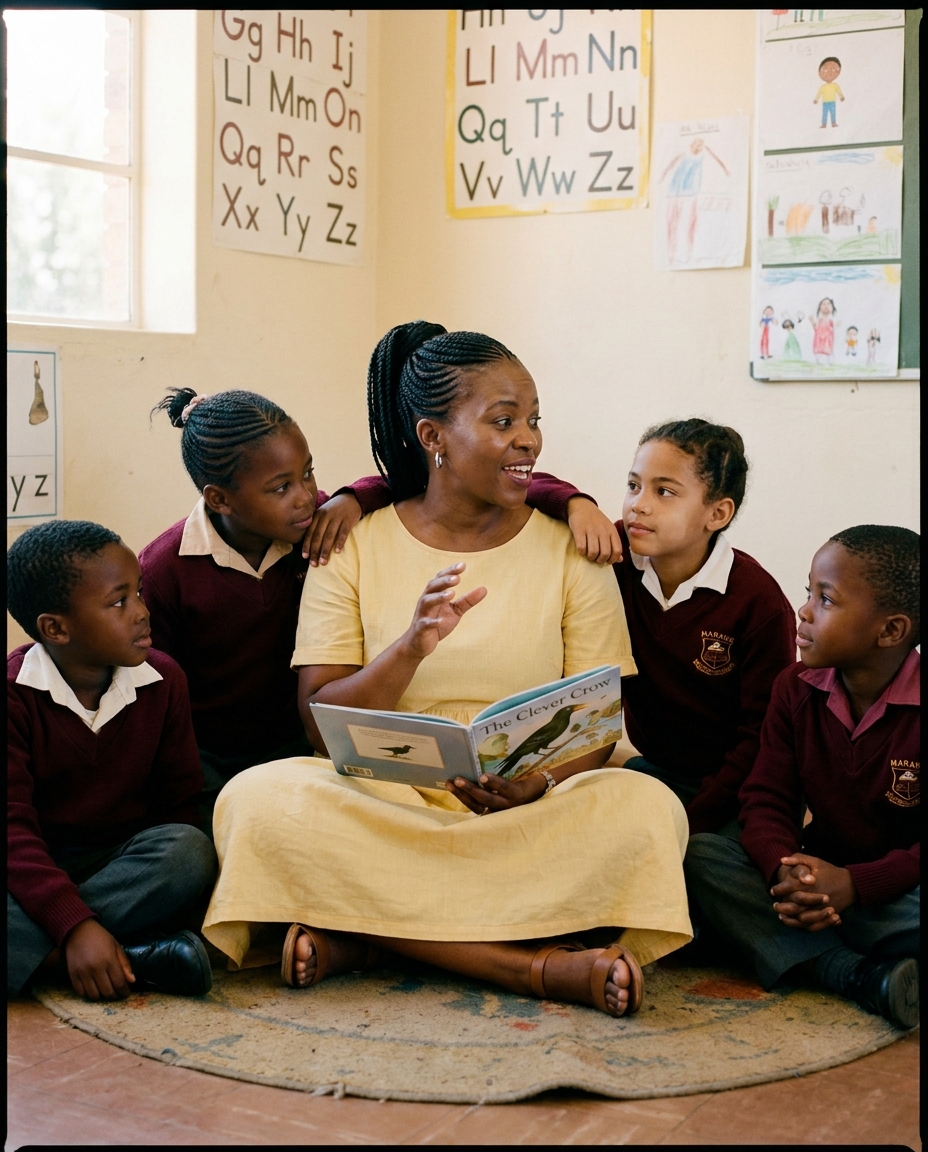 Ms. Naledi Phokwane, Grade 3 class teacher, sitting on the carpet with five learners listening to a story.