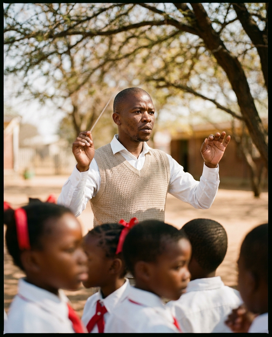 Mr. Boitumelo Mokoena, music and choir educator, conducting the school choir during practice.