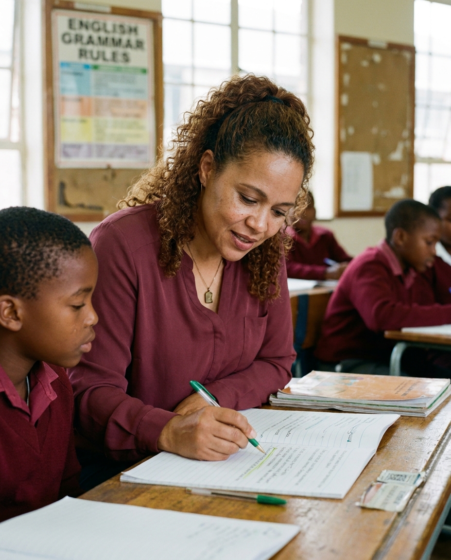Ms. Refilwe Botha, English and Life Skills educator, leaning over a Grade 6 learner's book to underline a sentence.